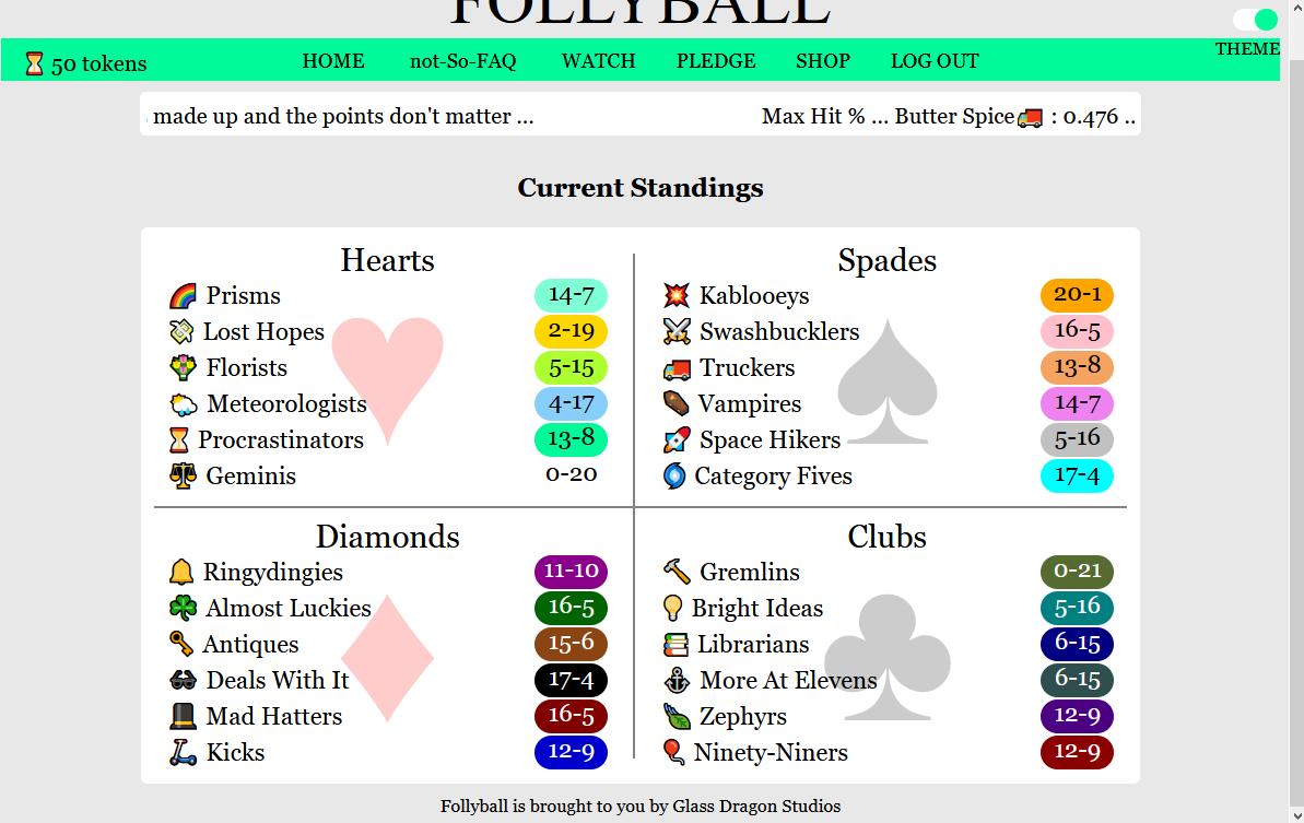 The home page, with team standings, when logged in